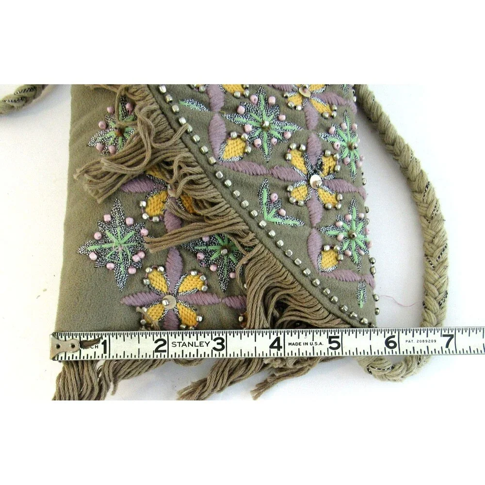 Embroidered And Beaded Tan Crossbody Bag Fringe Made in India 70's Inspired Boho - Picture 7 of 10